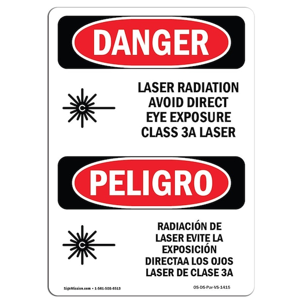 OSHA Sign, Laser Radiation Eye Class 3a Bilingual, 14in X 10in Alum, 10" W, 14" H, Spanish